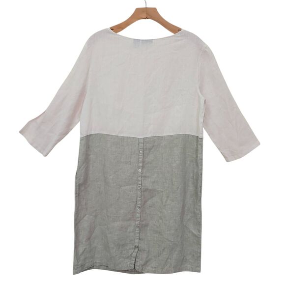 Tahari Mini Dress Womens Medium Gray Linen 3/4 Sleeve Color Block Button Back - Picture 5 of 11
